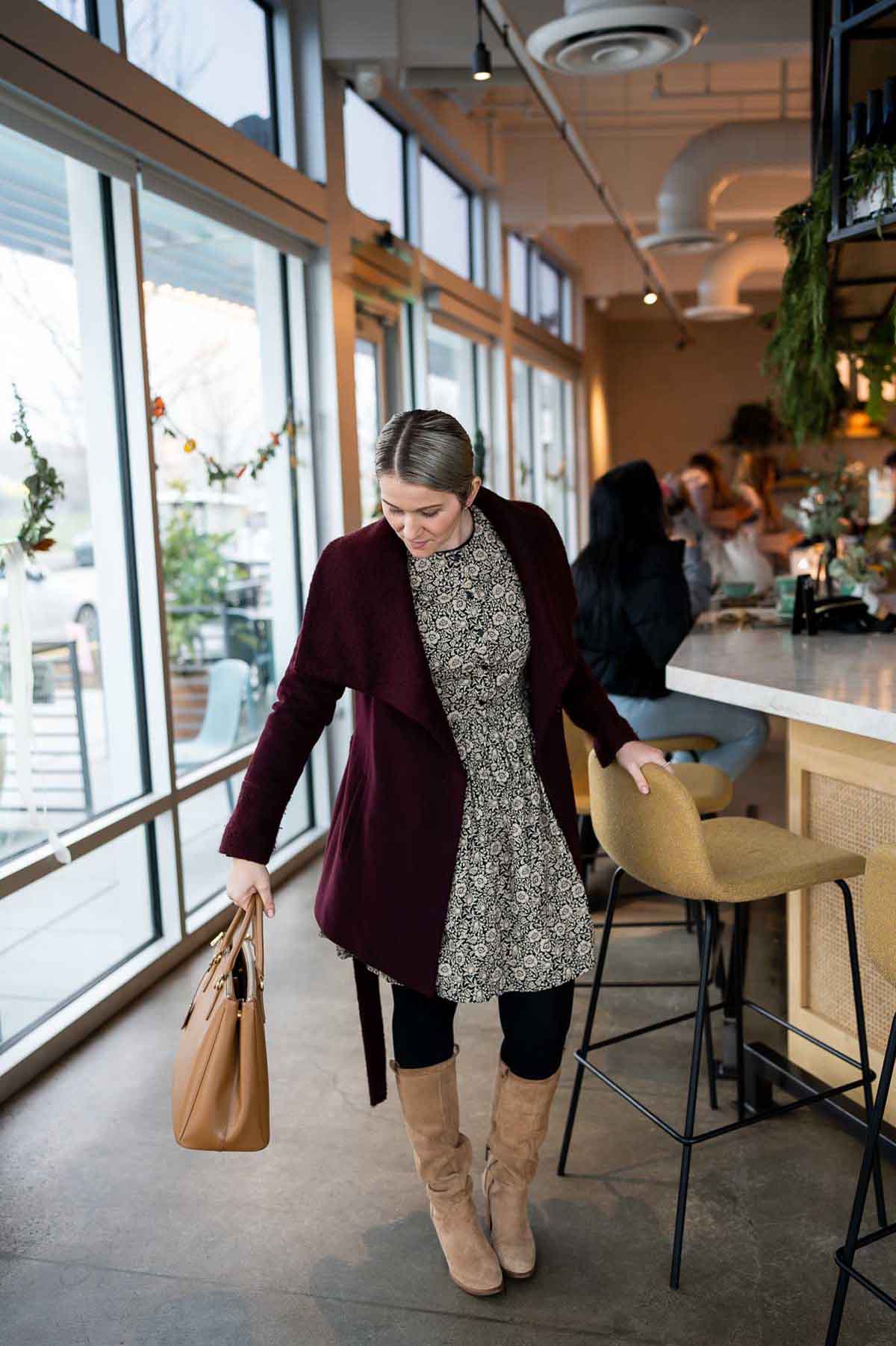Wrap Coat and Patterned Dress with Black Tights Wrap Coat and Patterned Dress with Black Tights — Tights Outfits