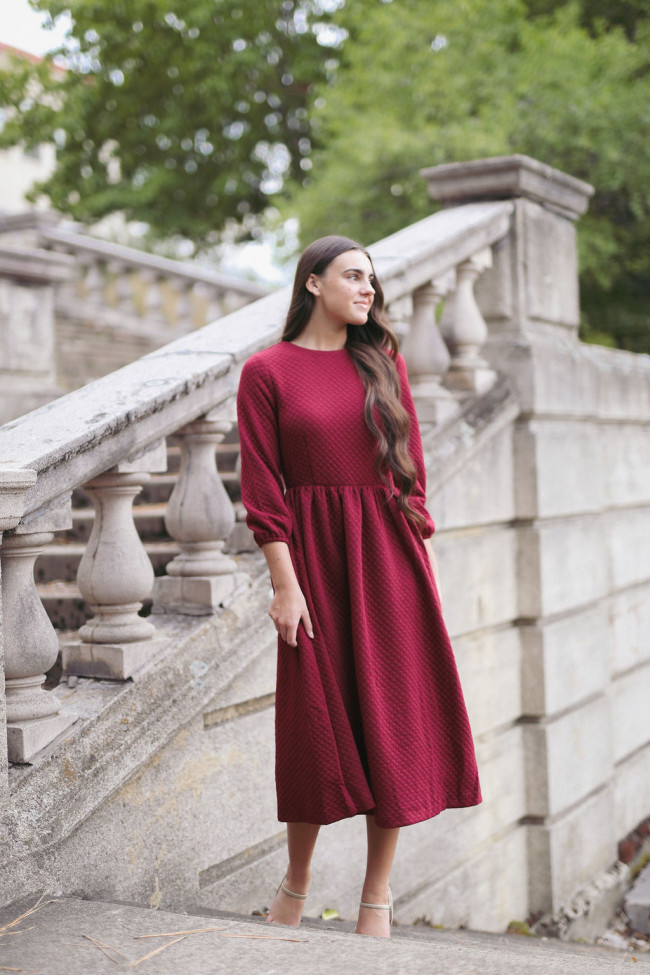 Deep Red Quilted A-Line Dress with Beige Heeled Sandals Deep Red Quilted A-Line Dress with Beige Heeled Sandals — Winter Dress Outfits