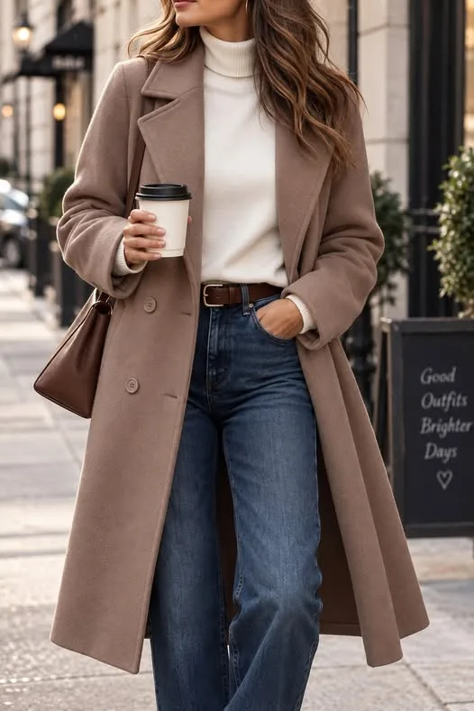 Smart Casual Polish: Taupe Peacoat with Leather Accents — Peacoat Outfits