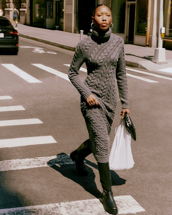 Sophisticated Grey Cable Knit Midi Dress with Knee-High Boots — Winter Capsule Wardrobe
