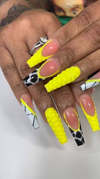 Neon Yellow with Cow Print Coffin Nails Neon Yellow with Cow Print Coffin Nails — yellow nail designs