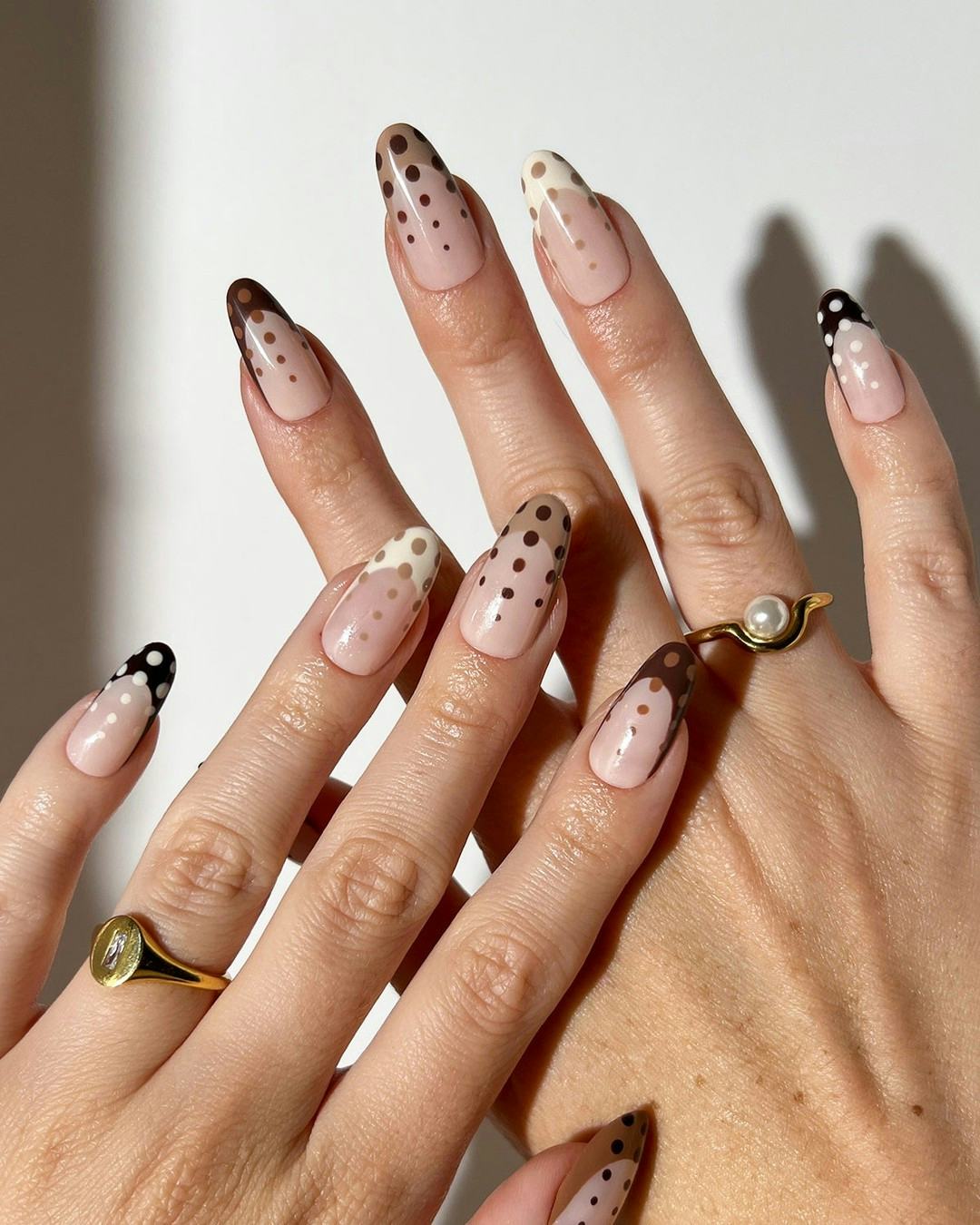 Glossy Nude Base with Brown Dot & Color Block — Mocha Nails