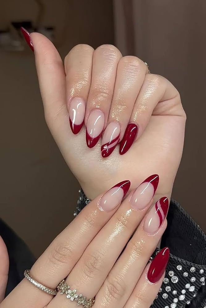Deep Red French Tips with Swirl Accent Deep Red French Tips with Swirl Accent — french nail designs