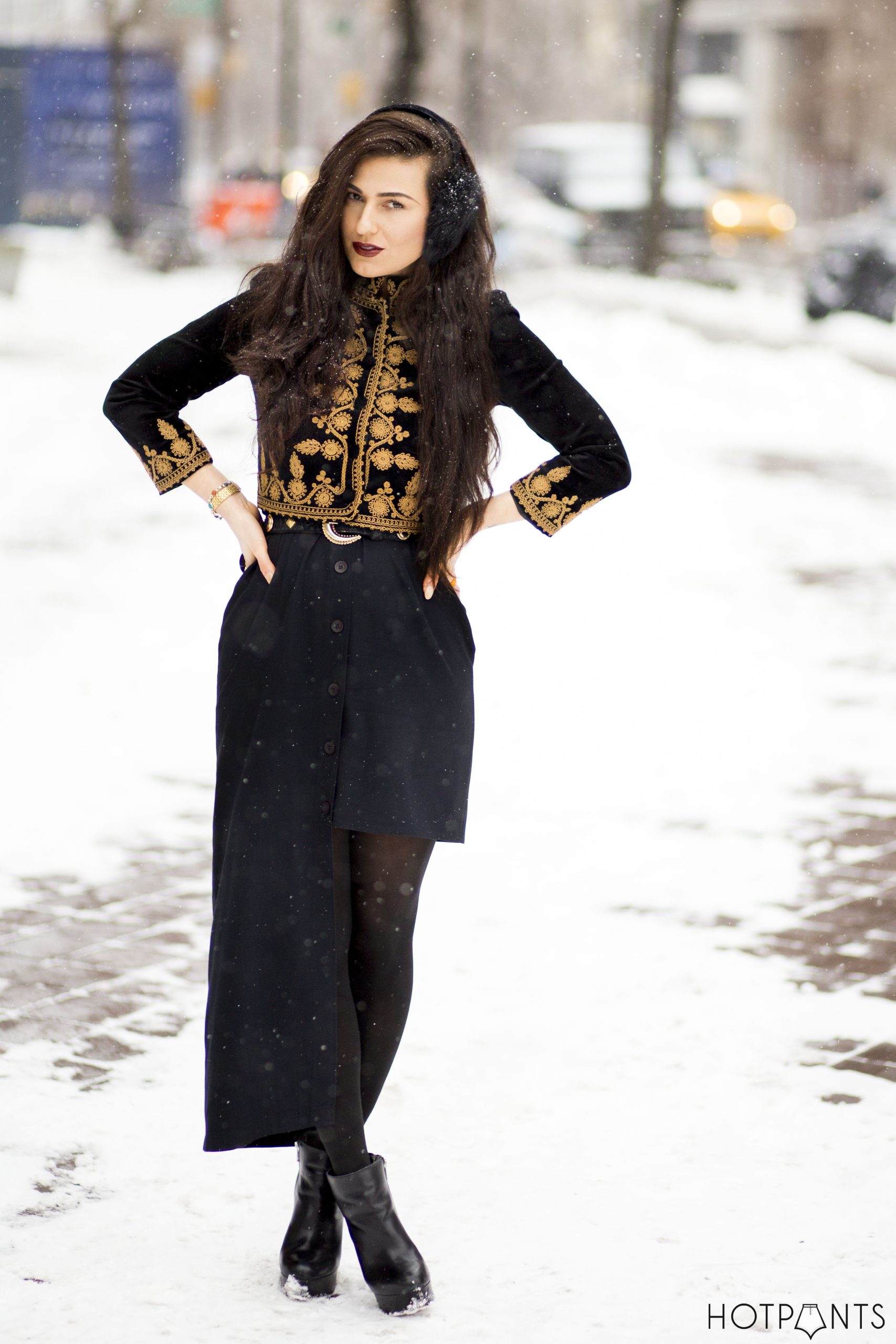 Festive Black: Velvet Jacket and Embroidered Earmuffs Festive Black: Velvet Jacket and Embroidered Earmuffs — Earmuffs Outfits