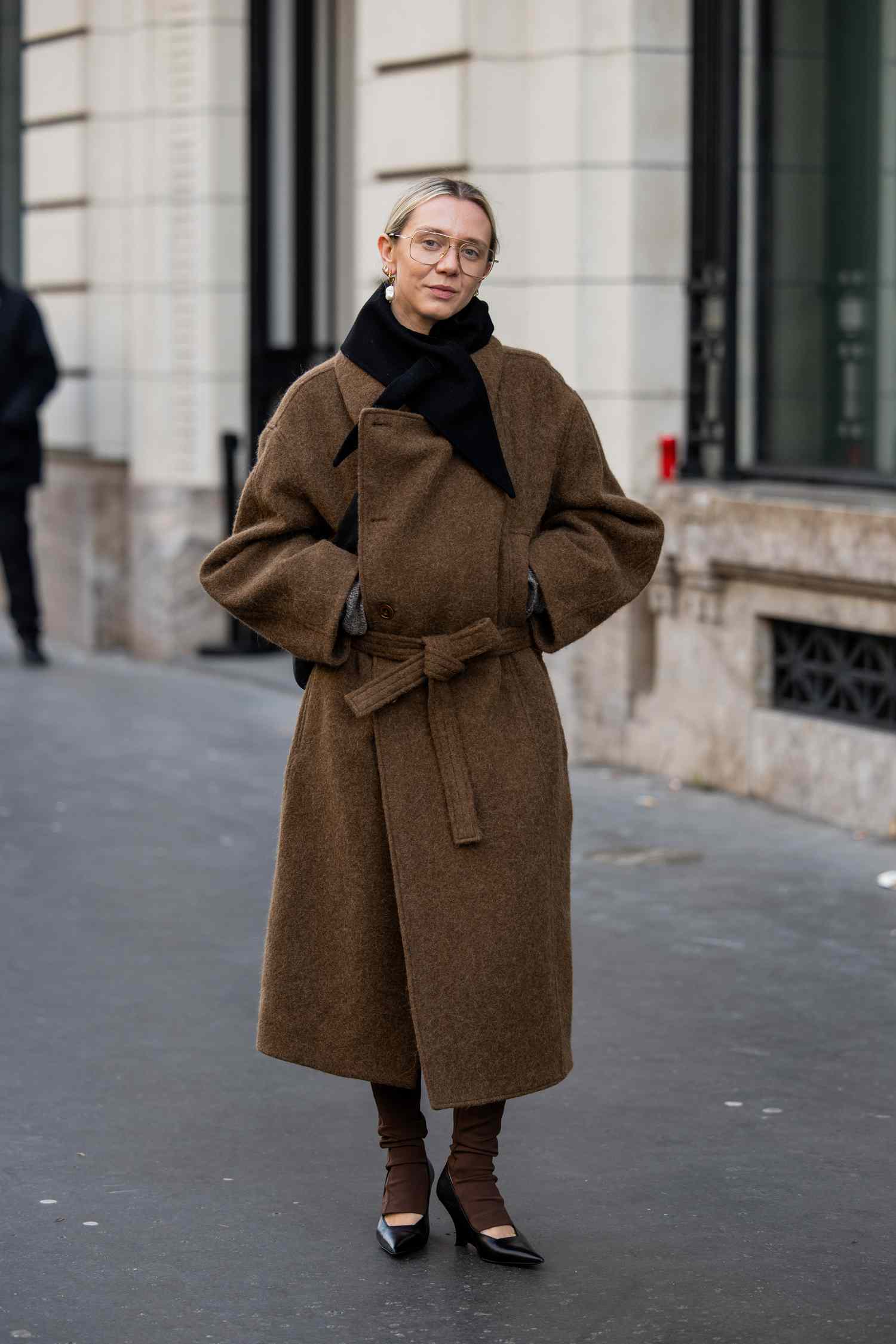 Oversized Brown Wool Wrap Coat with Black Scarf and Heels — Paris Winter Outfits