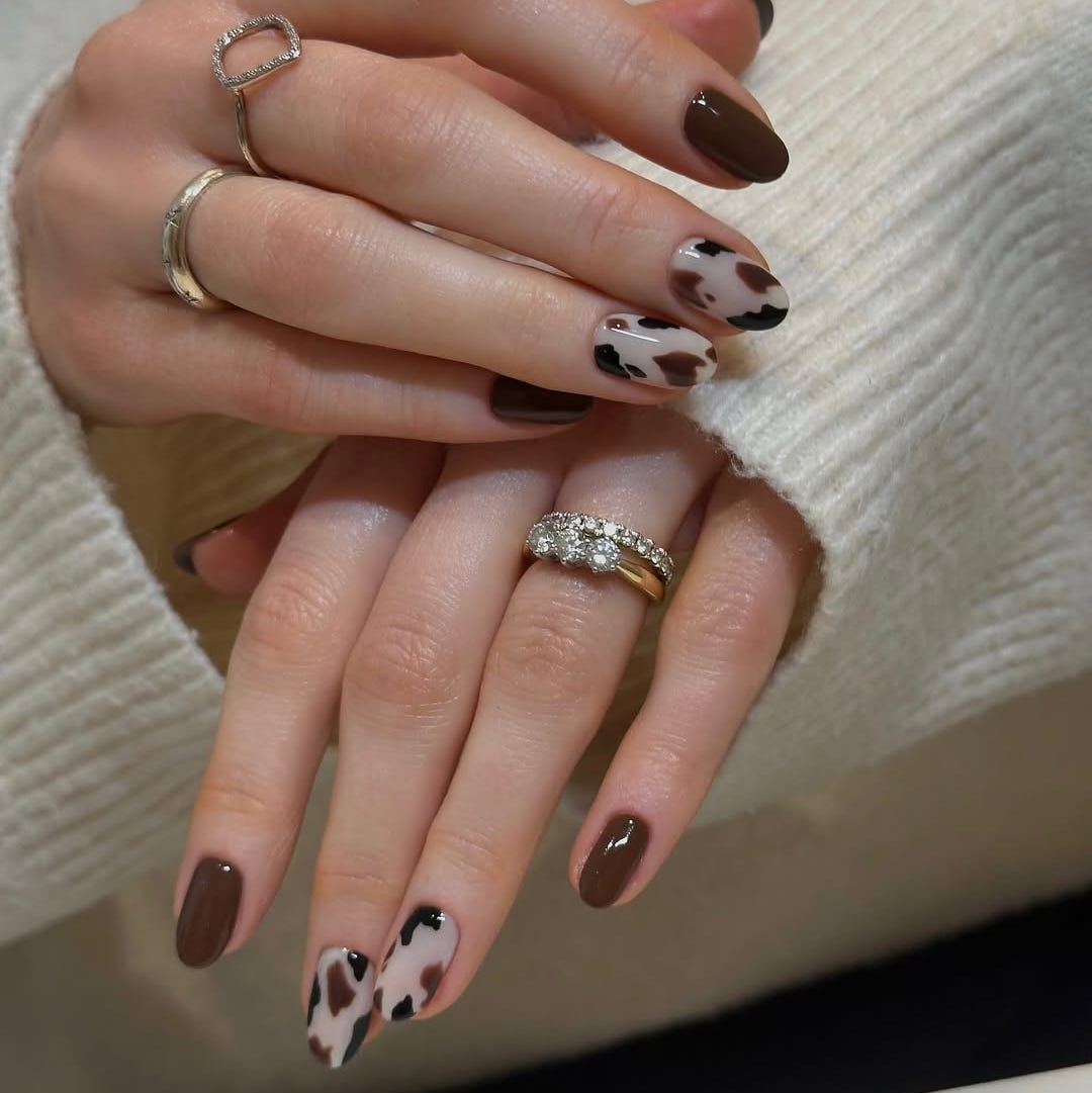 Dark Brown Cow Print Oval Nails Dark Brown Cow Print Oval Nails — Winter Almond Nails