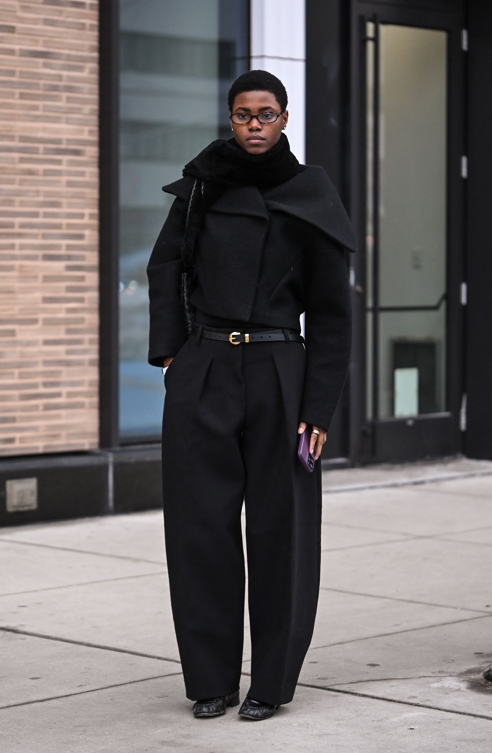 Monochrome Black Outfit with a Cropped Faux Fur Collar Jacket — NYC Winter Outfits