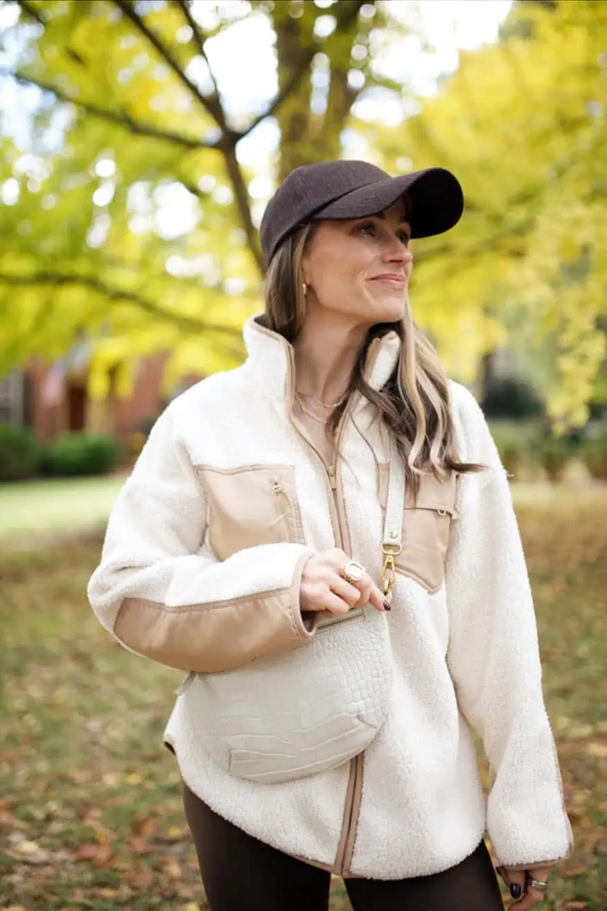 Cream Fleece Jacket with Faux Leather Accents Cream Fleece Jacket with Faux Leather Accents — Fleece Jacket Outfits