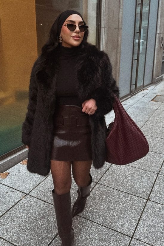 Black Faux Fur Coat with Leather Mini Skirt for Chic Evenings — Europe Winter Outfits