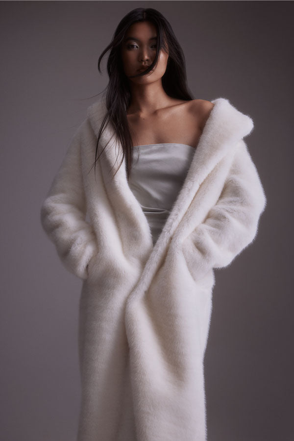 Silver Satin Strapless Dress with Oversized Ivory Faux Fur Coat Silver Satin Strapless Dress with Oversized Ivory Faux Fur Coat — Winter Formal Dresses