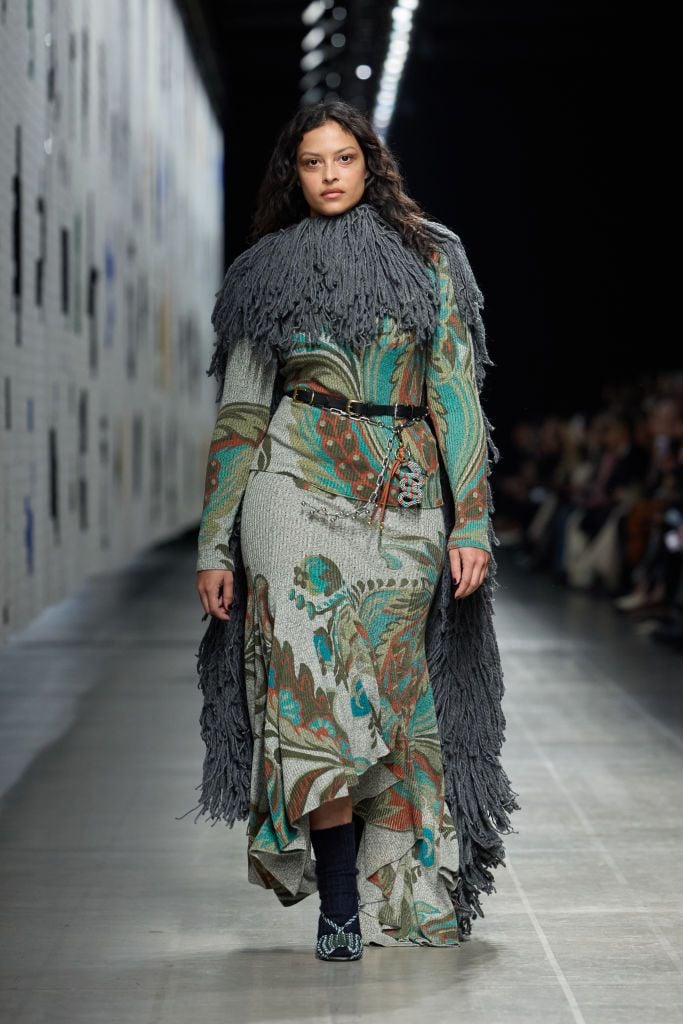 Patterned Knit Dress with Fringed Shawl — Italy Winter Outfits