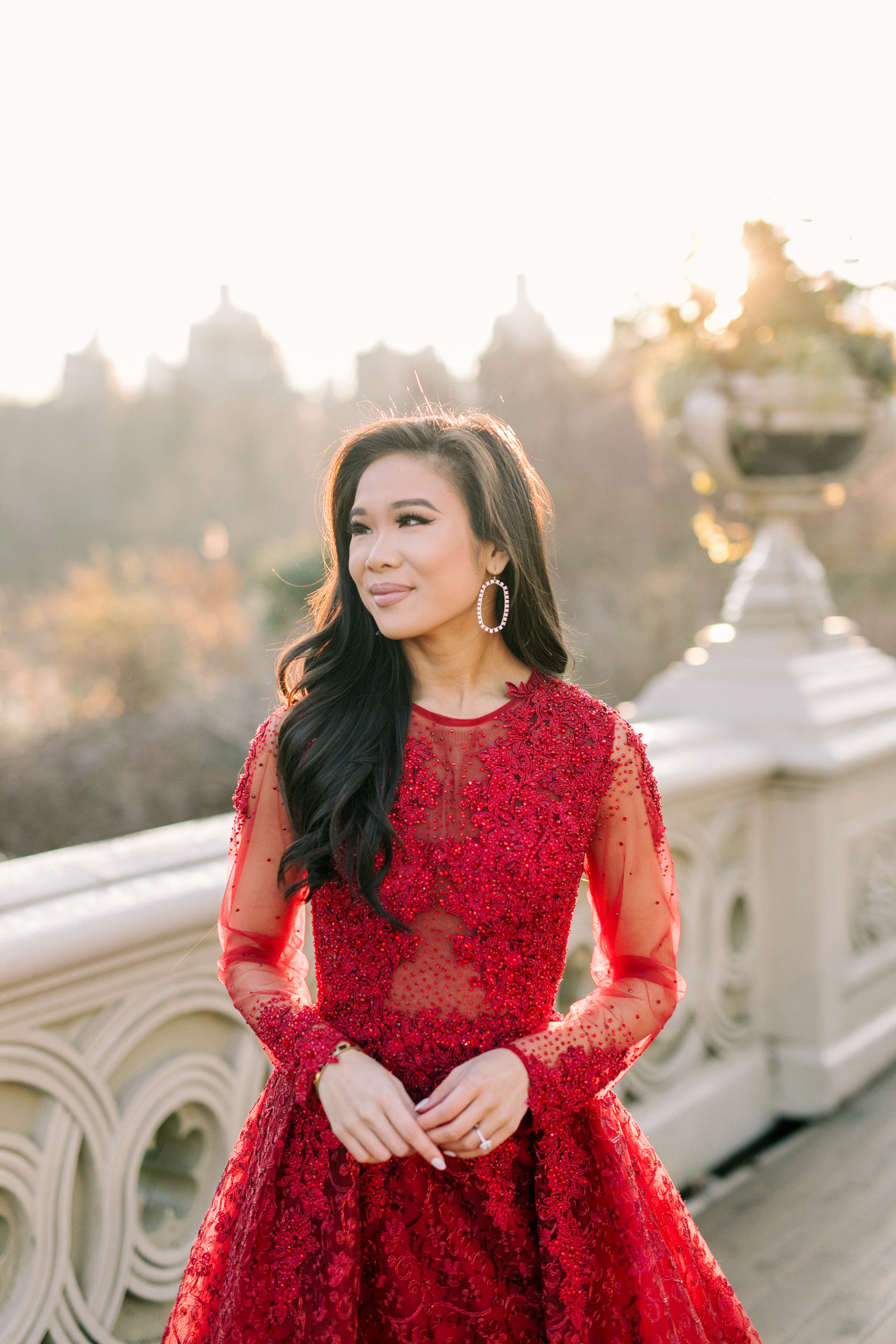 Vibrant Red Beaded Lace Gown for a Festive Winter Celebration Vibrant Red Beaded Lace Gown for a Festive Winter Celebration — Winter Wedding Guest Outfits