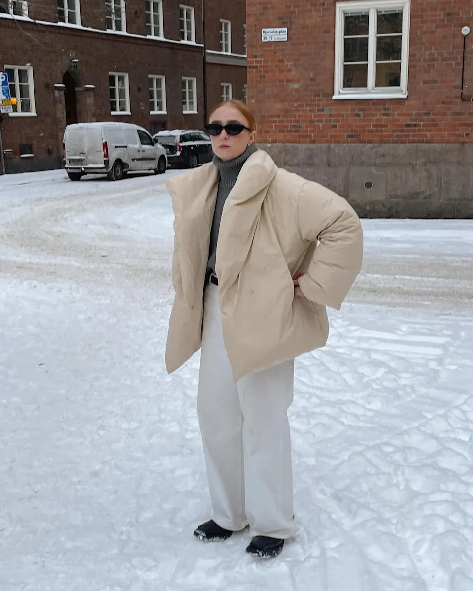 Oversized Cream Puffer Jacket with Wide-Leg Pants for Ultimate Comfort — Snow Day Outfits