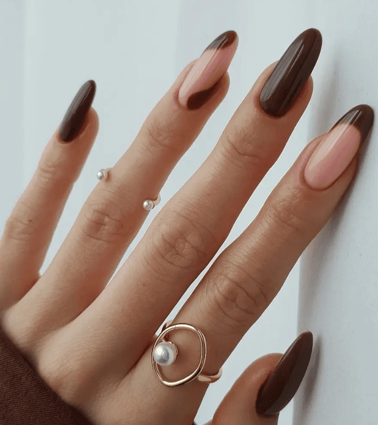 Dark Brown French Tip Almond Nails — Winter Nail Colors for Women Over 70