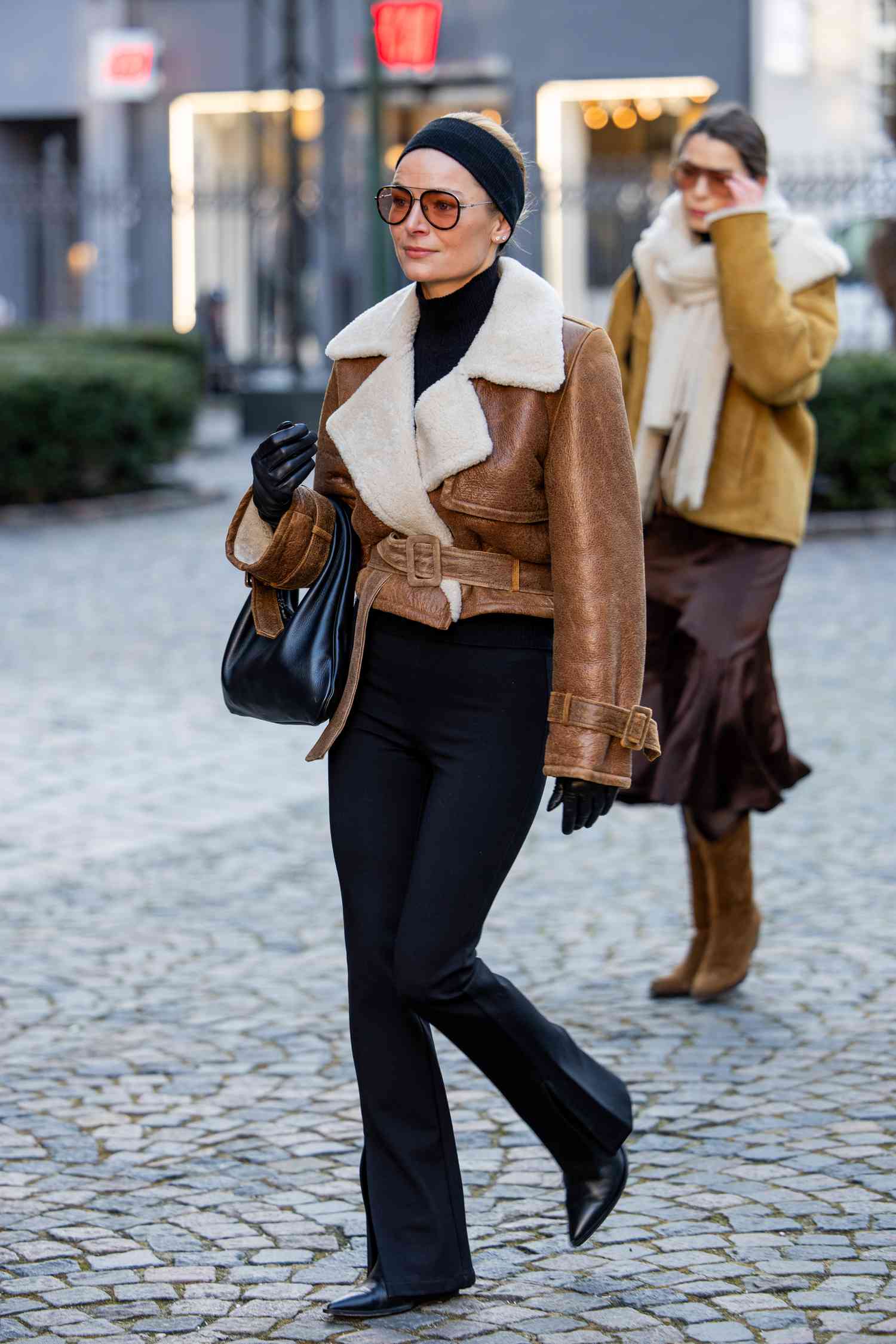Aviator Shearling Jacket with Flared Denim for a Retro Vibe — Shearling Coat Outfits