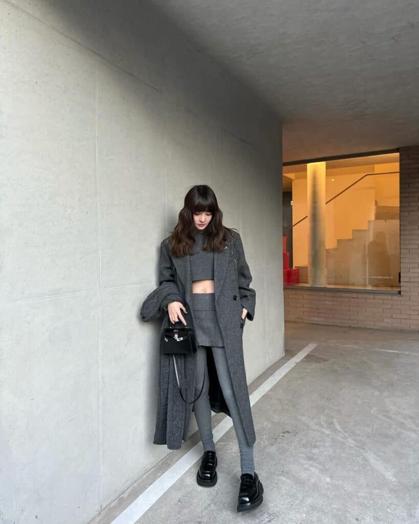 Monochromatic Grey Coat and Trouser Ensemble — Korean Winter Outfits