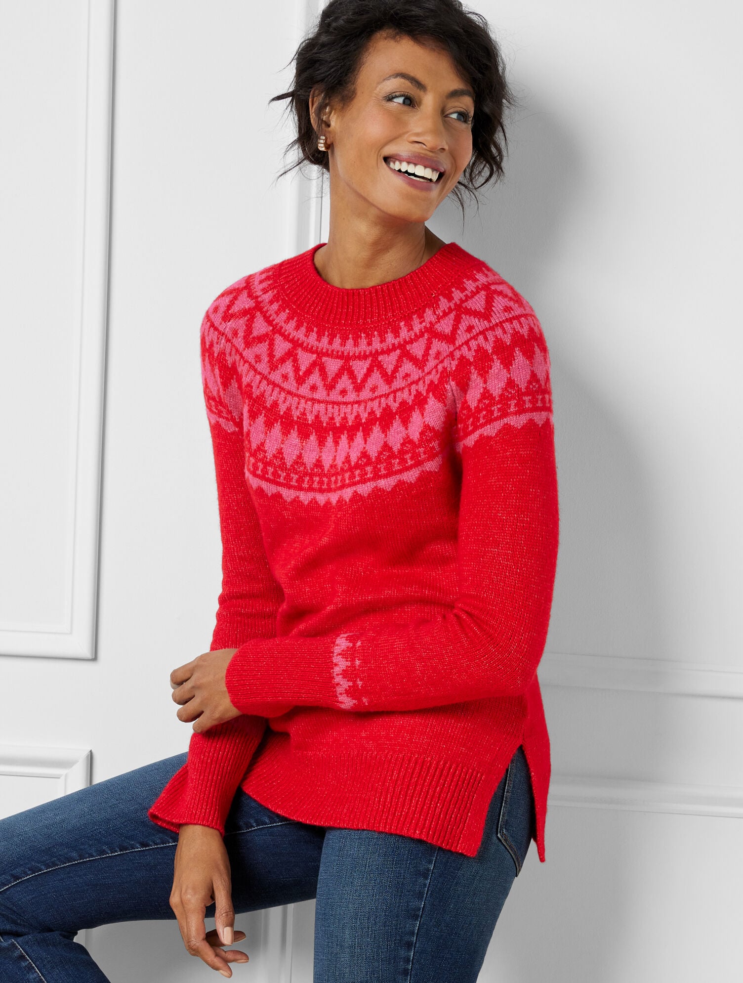 Bright Red Fair Isle Sweater with Gradient Pink Pattern Bright Red Fair Isle Sweater with Gradient Pink Pattern — Fair Isle Sweater Outfits