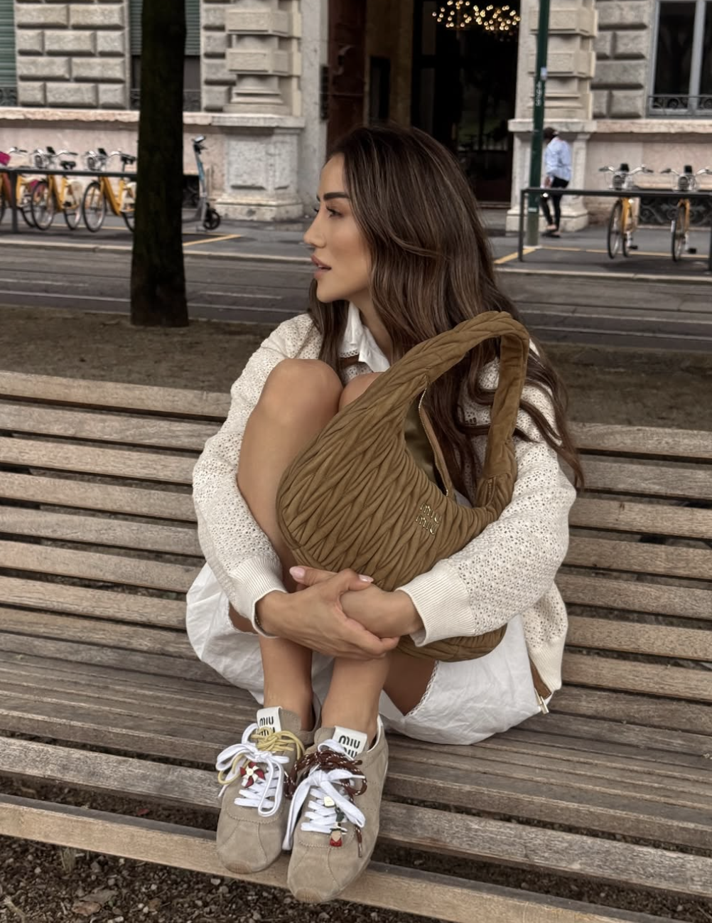 White Textured Knit Cardigan with Matching Dress and Beige Sneakers — Cardigan Outfits