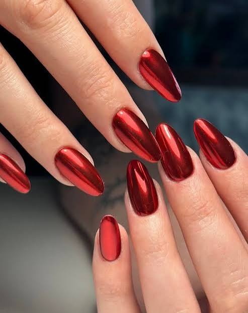 Metallic Red Chrome Almond Nails Metallic Red Chrome Almond Nails — Winter Red Nails