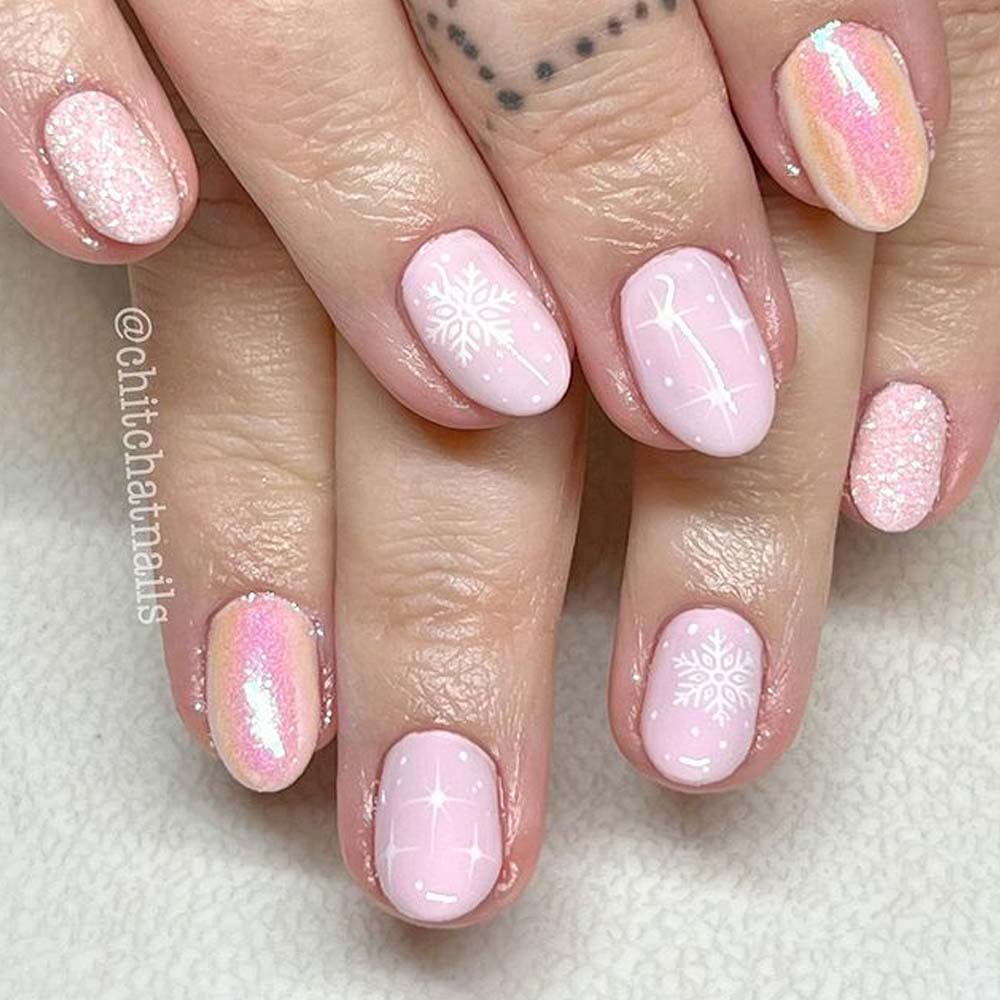 Pastel Pink with Iridescent Shimmer and Snowflakes Pastel Pink with Iridescent Shimmer and Snowflakes — Pastel Winter Nails
