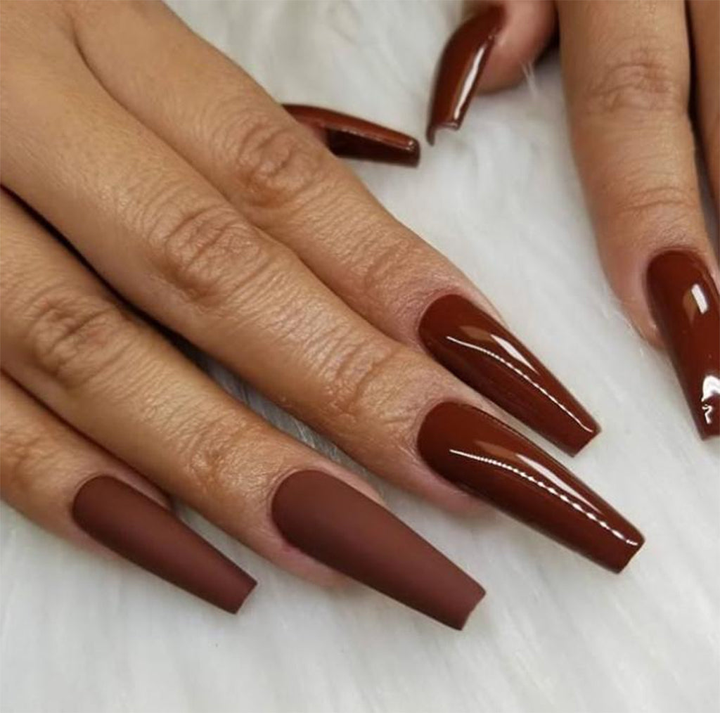 Matte vs. Glossy Coffin Nails Matte vs. Glossy Coffin Nails — Chocolate Brown Nails
