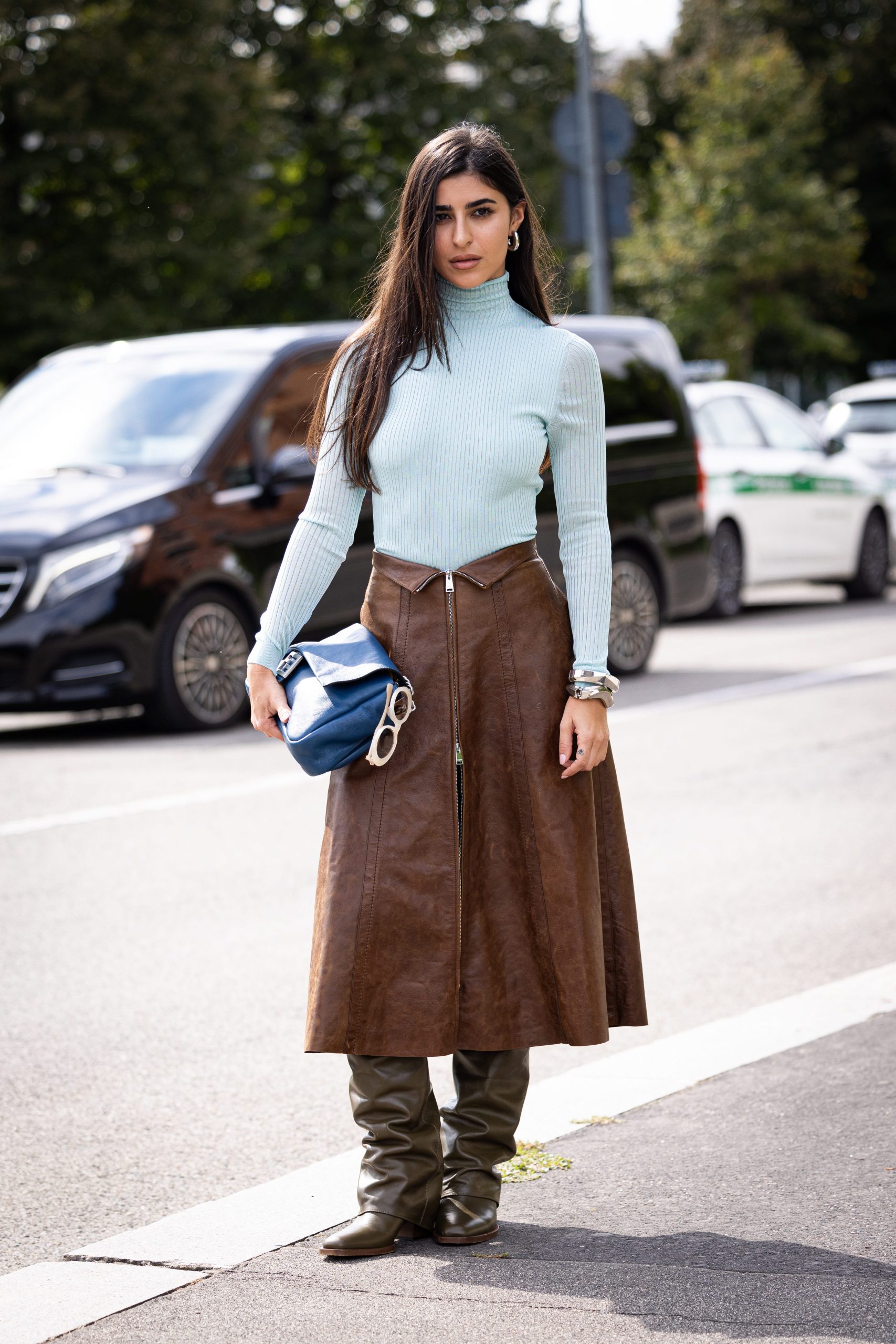 Textural Contrast: Ribbed Knit and Leather Midi Skirt with Green Slouchy Boots Textural Contrast: Ribbed Knit and Leather Midi Skirt with Green Slouchy Boots — Slouchy Boots Outfits