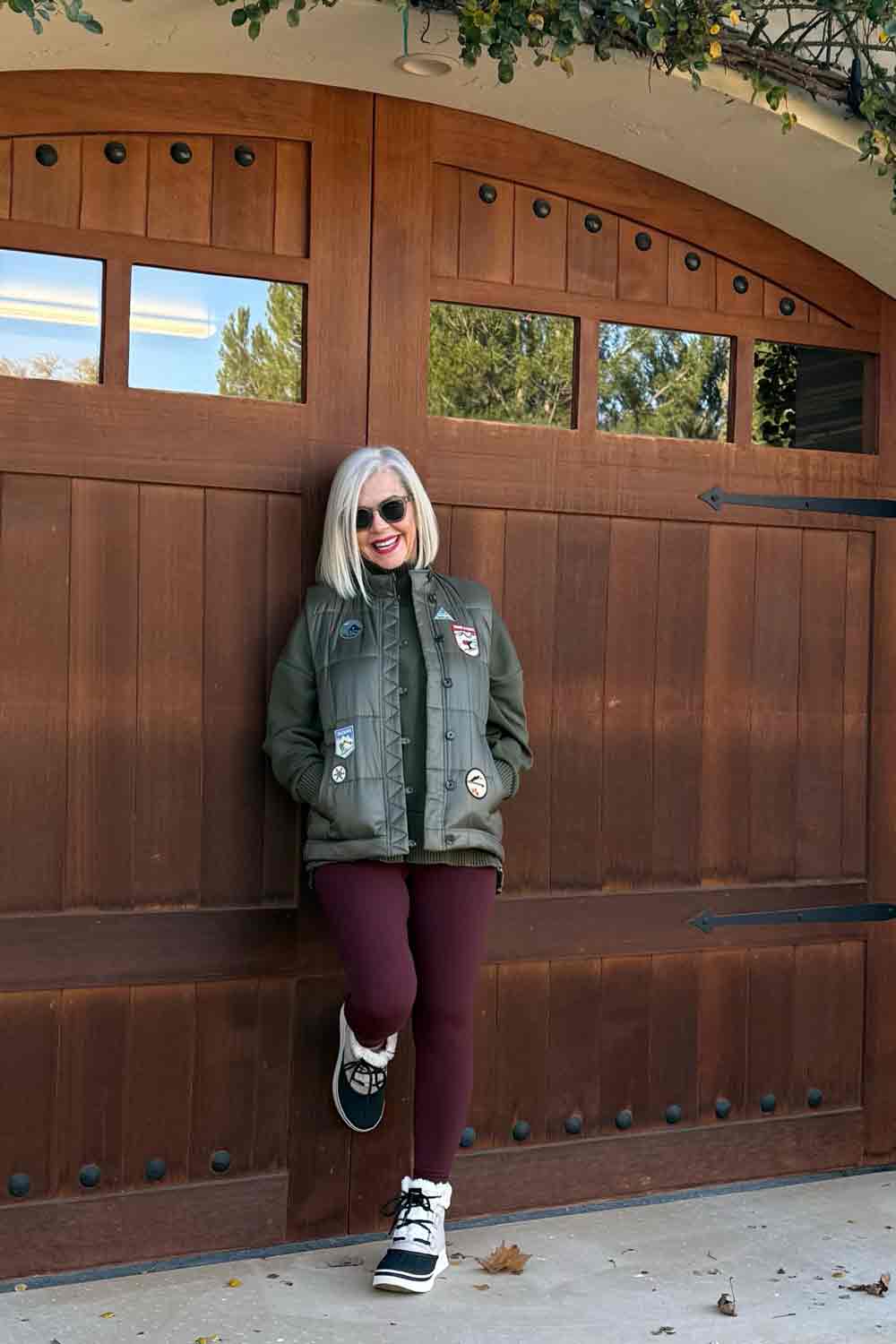 Quilted Vest and Burgundy Leggings for Textured Athleisure — Winter Athleisure Outfits