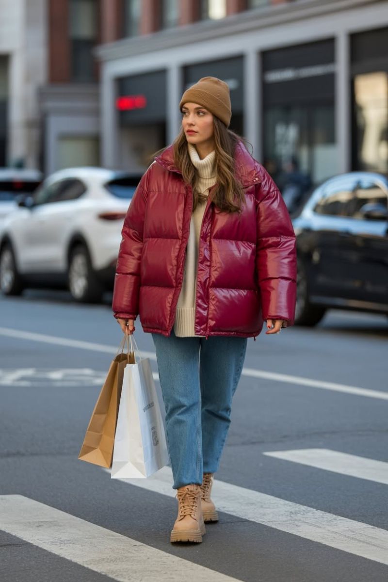 Oversized Burgundy Puffer Jacket for City Winter Days — Baddie Winter Outfits