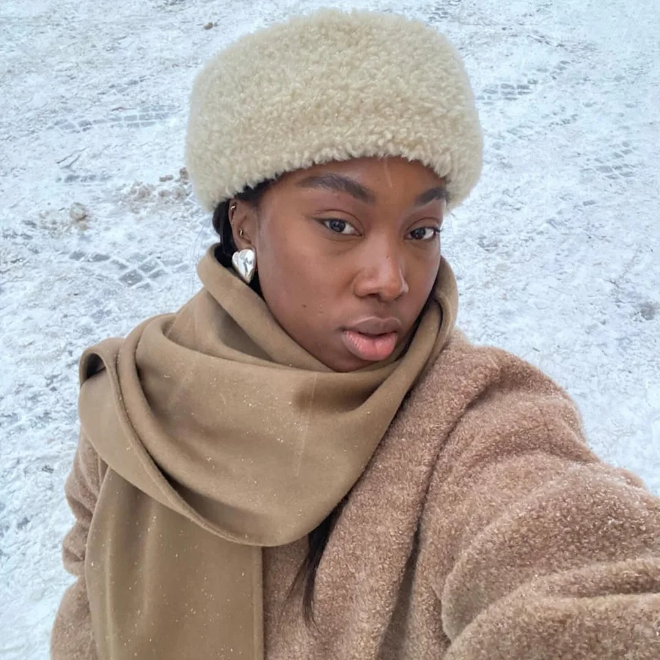Coordinated Beige Fur Hat and Scarf with Textured Coat — Fur Hat Outfits