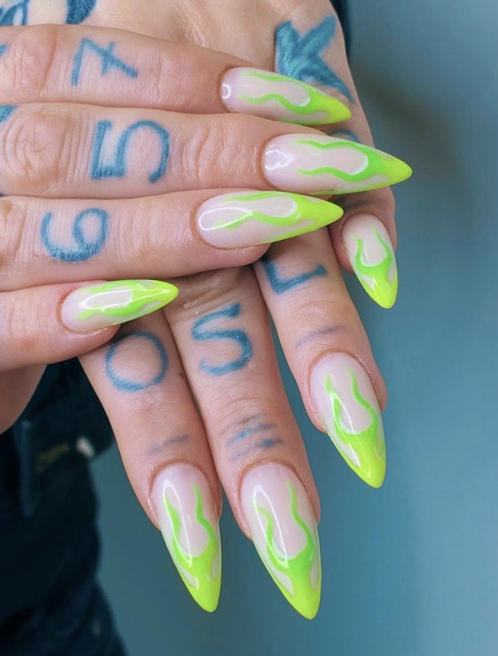 Neon Green Flame Stiletto Nails Neon Green Flame Stiletto Nails — green nail designs