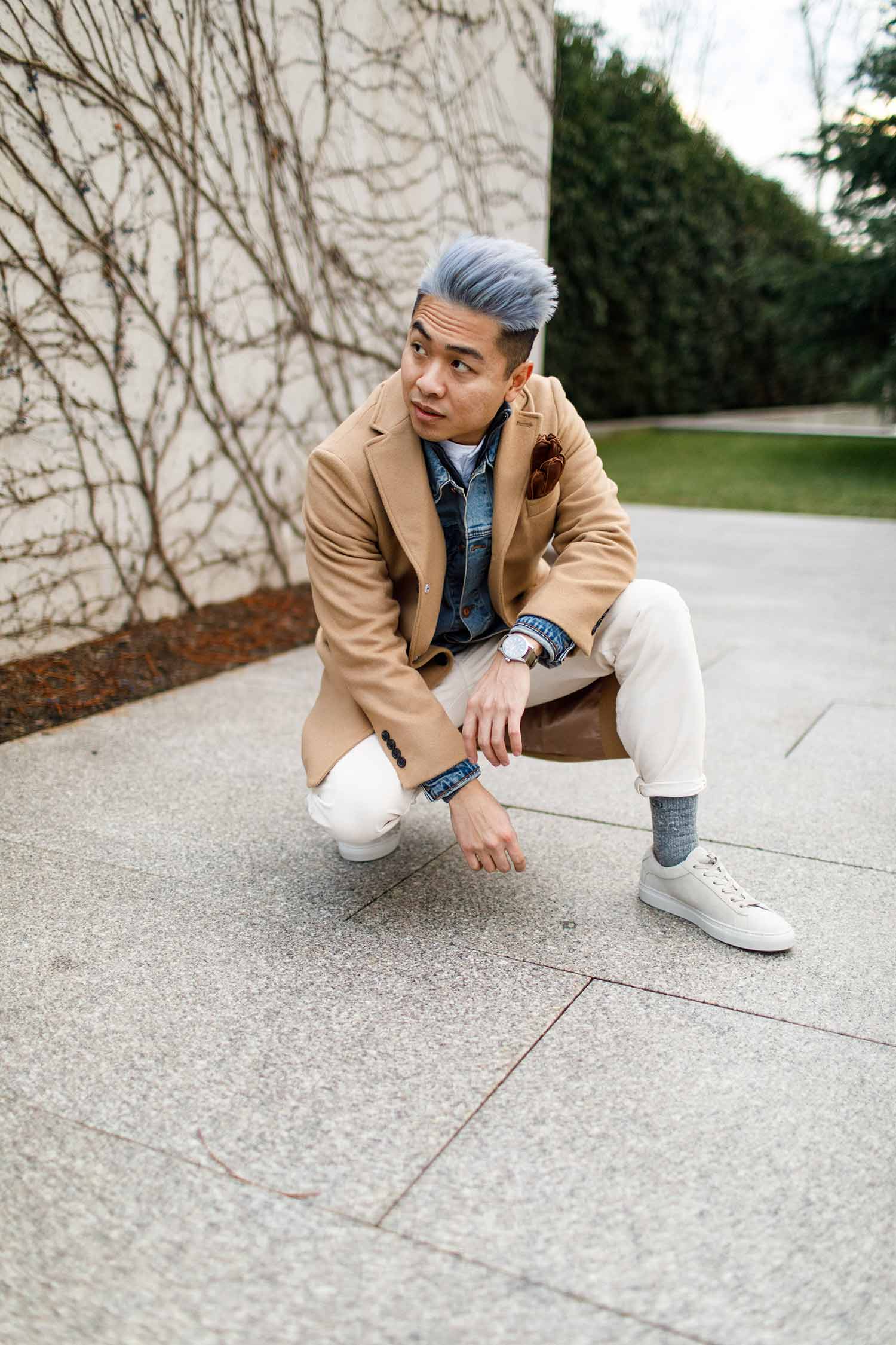 Camel Overcoat Layered Over Denim Jacket for Casual Style — Winter Outfits for Men