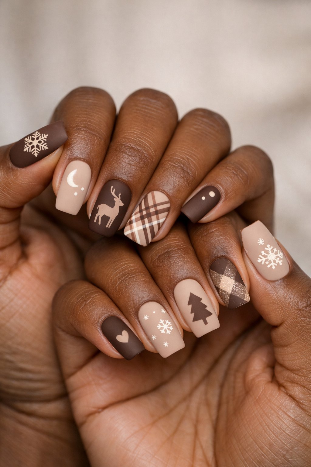 Matte Winter Motifs Medium Square Nails Matte Winter Motifs Medium Square Nails — Winter Nail Colors for Dark Skin