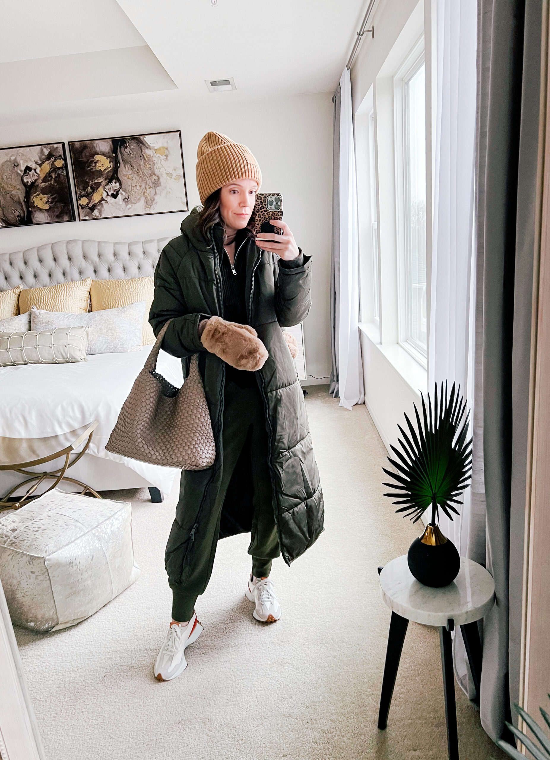 Monochromatic Olive Green Puffer and Jumpsuit — Long Puffer Coat Outfits