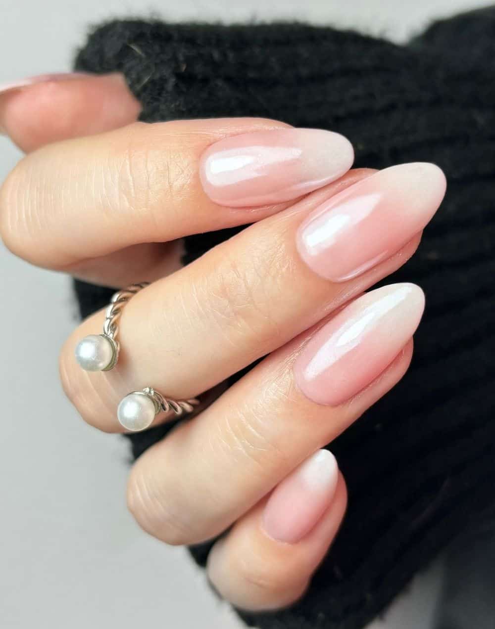 Pearlescent Pink White Ombre Almonds Pearlescent Pink White Ombre Almonds — Winter Formal Nails