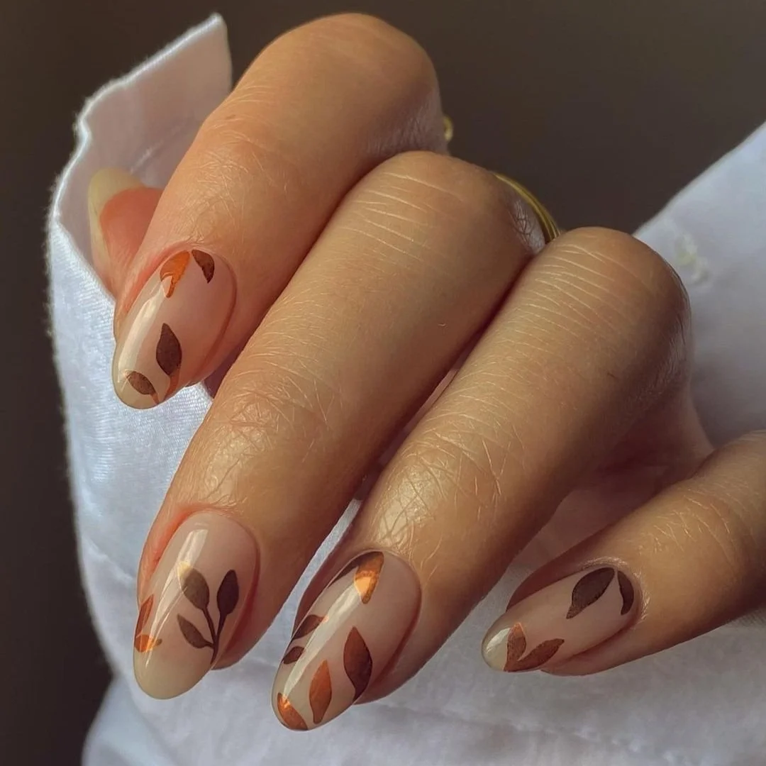 Nude Base with Copper Leaf Almonds Nude Base with Copper Leaf Almonds — Fall to Winter Nails