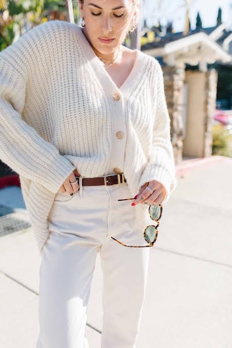 Oversized White Knit Cardigan with Brown Accessories — Winter White Outfits