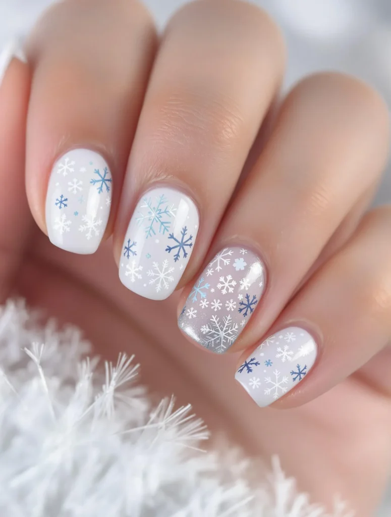 Short Square White Shimmer Snowflakes Short Square White Shimmer Snowflakes — Winter White Nails
