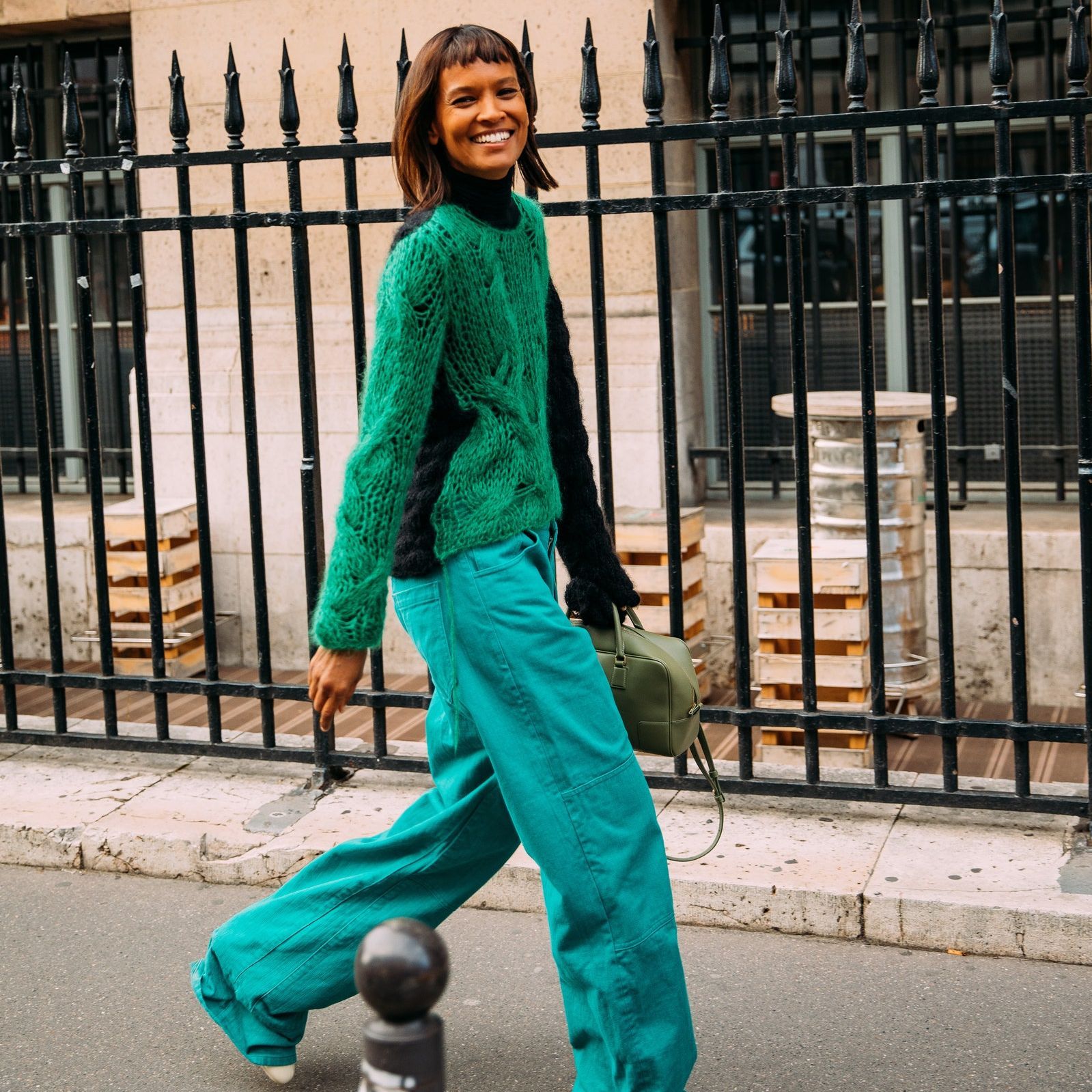 Bold Teal Jeans Paired with a Chunky Green Knit Bold Teal Jeans Paired with a Chunky Green Knit — Winter Outfits with Wide Leg Jeans