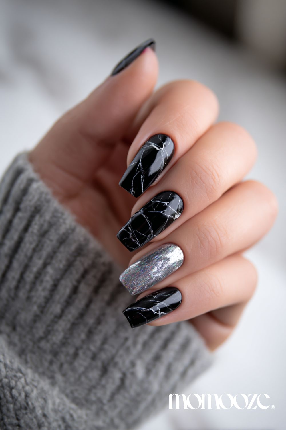 Black White Glitter Marble Coffin Nails — Winter Marble Nails
