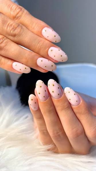 Milky Blush Pink with Gold Polka Dots — trendy almond nail designs
