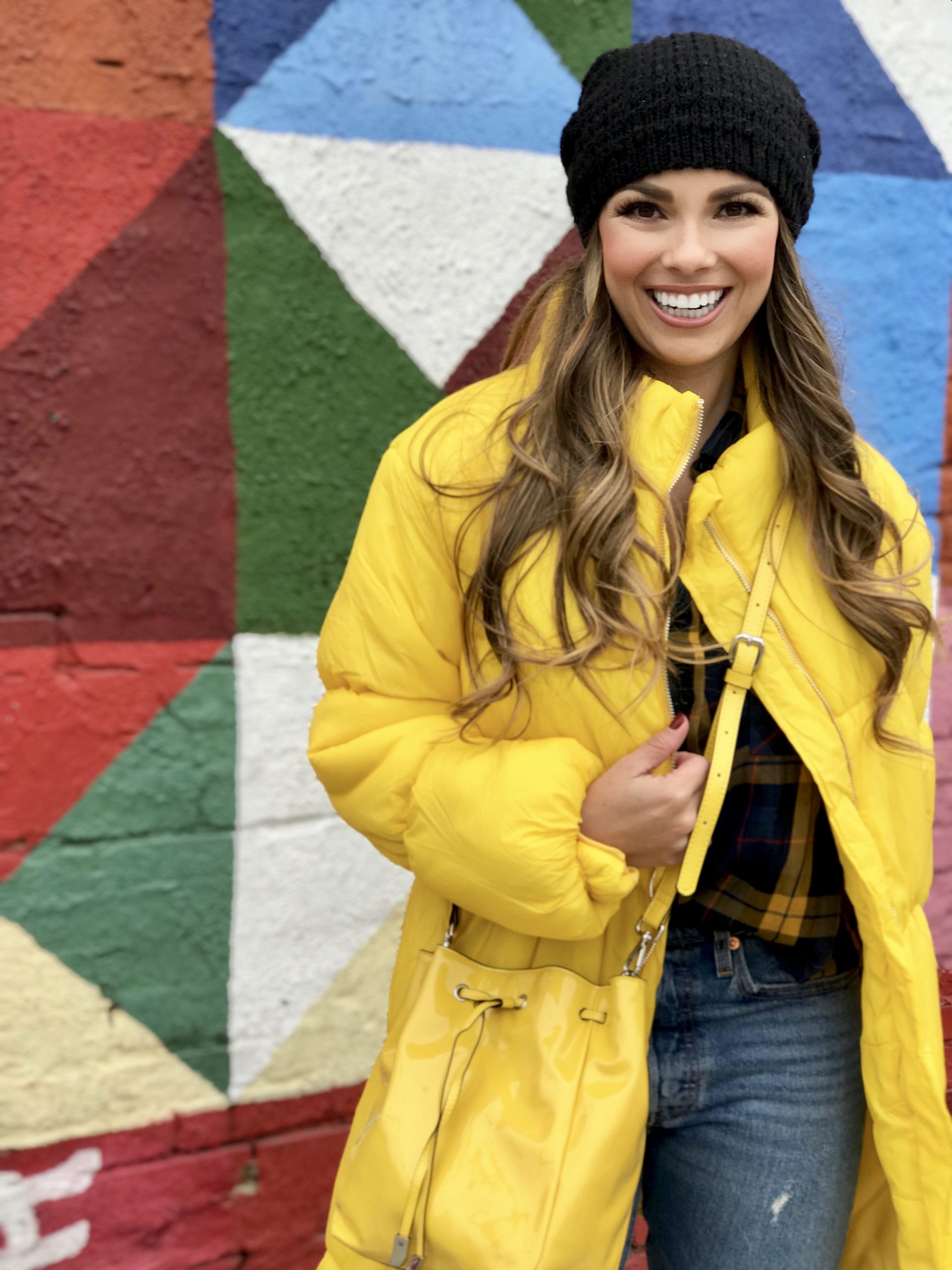 Street Style Pop: Yellow Puffer with Plaid and Denim — Winter Puffer Jacket Outfits