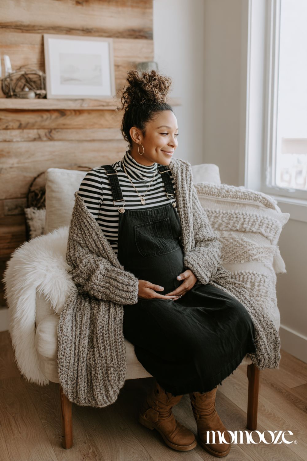 Striped Turtleneck Under Overall Dress with Chunky Knit Cardigan Striped Turtleneck Under Overall Dress with Chunky Knit Cardigan — Comfy Winter Outfits