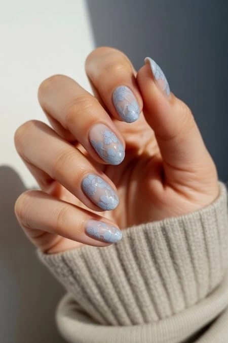 Subtle Blue Lace-Like Florals Subtle Blue Lace-Like Florals — Lace Nails