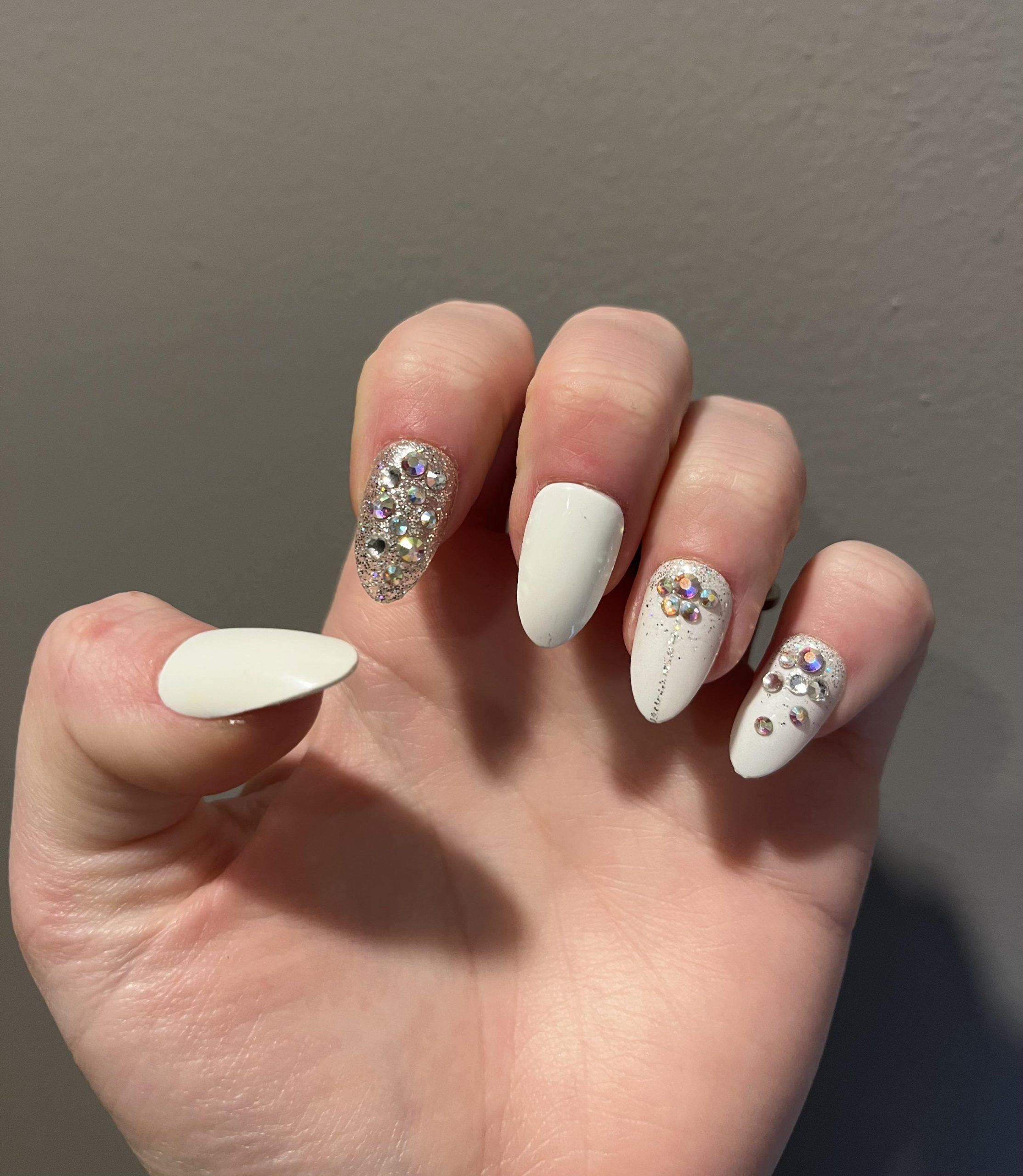 Glossy White with Glitter and Rhinestones Glossy White with Glitter and Rhinestones — Winter Wonderland Nails
