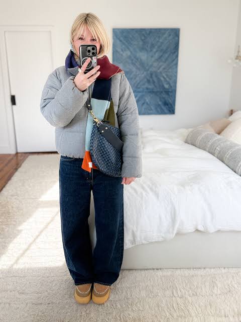 Quilted Puffer and Colorful Scarf for Travel Comfort — Winter Travel Outfits