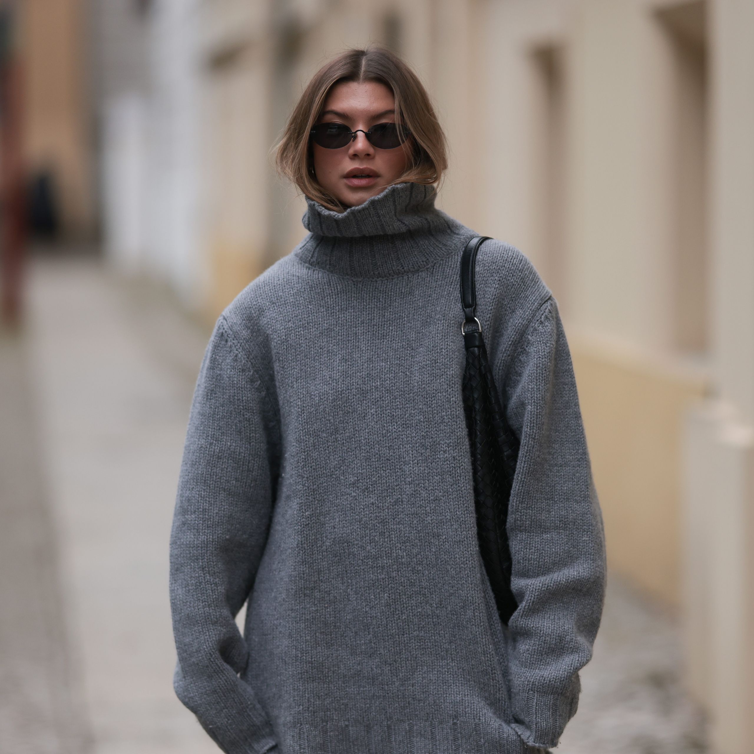 Grey Oversized Knit Turtleneck with Black Accessories — Oversized Sweater Outfits