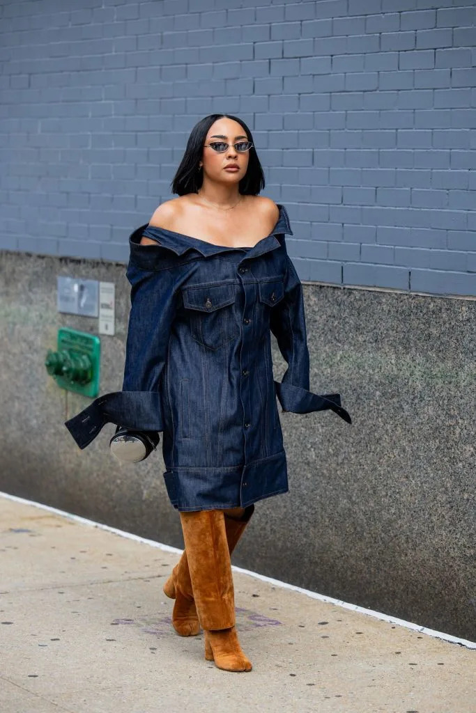 Denim Delight: Off-the-Shoulder Dress and Tan Suede Knee-High Boots — Knee High Boots Outfits