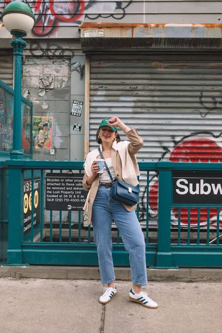 Beige Blazer with White Top and Straight-Leg Jeans — Winter to Spring Transition Outfits