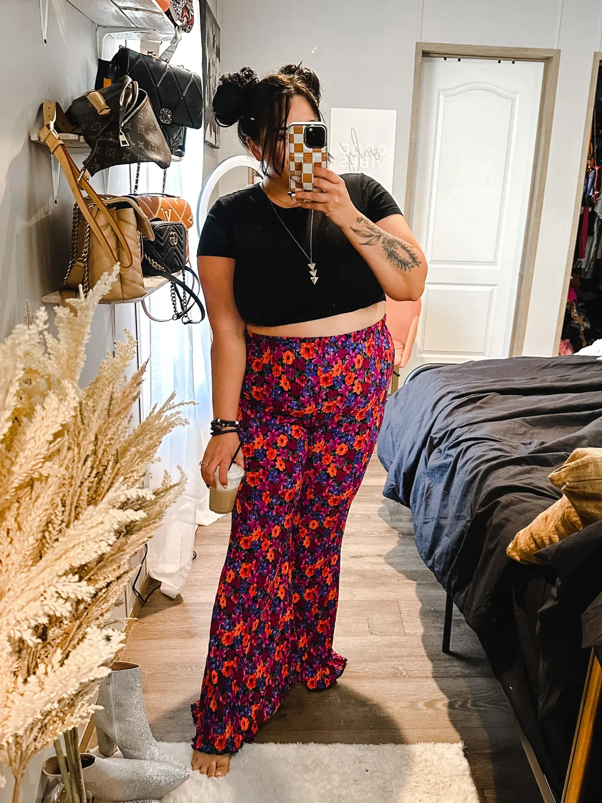 Floral Print Flare Pants with Glitter Boots — Flare Leggings Outfits
