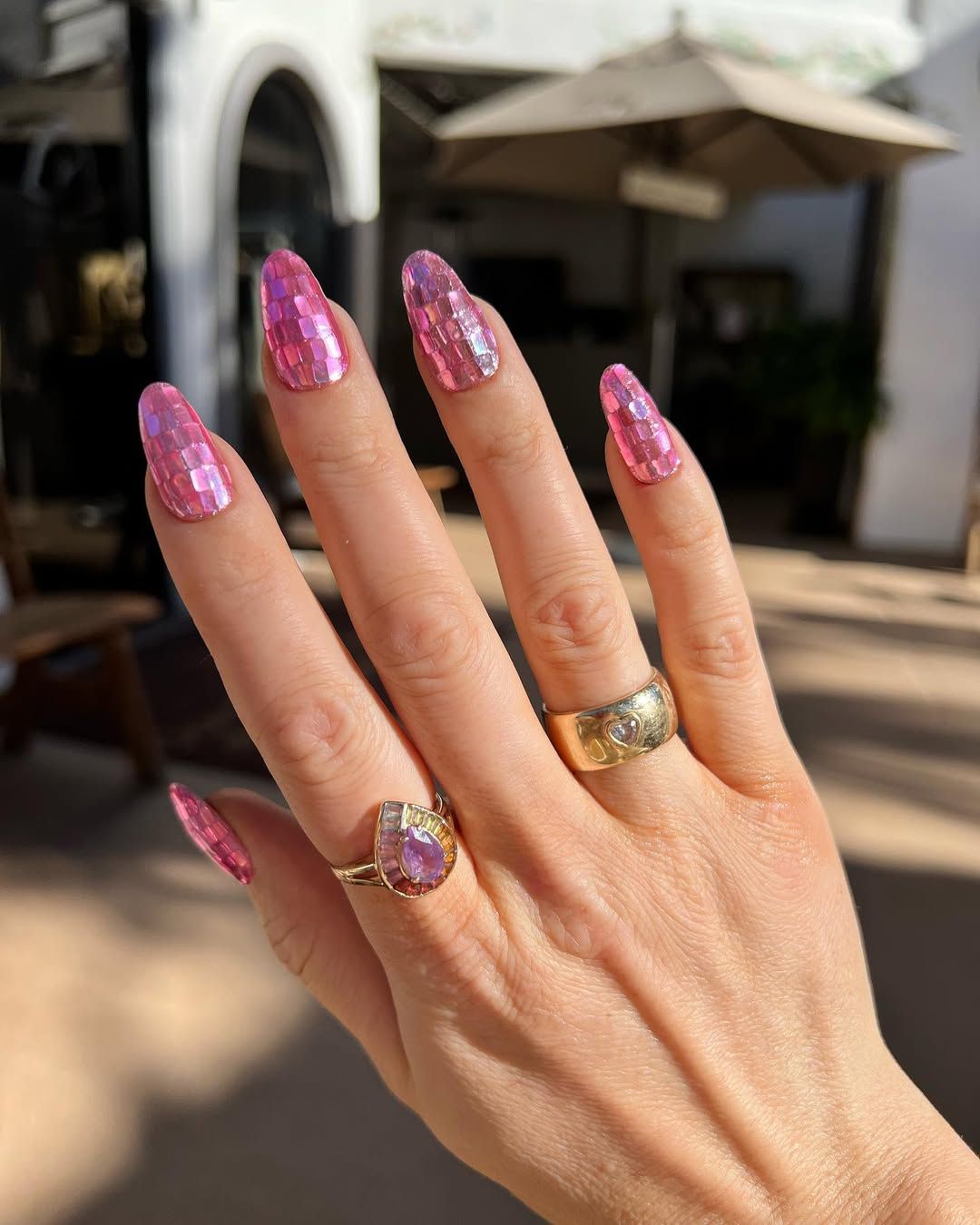 Iridescent Pink Mosaic Texture Nails Iridescent Pink Mosaic Texture Nails — Winter Nail Colors for Women Over 50